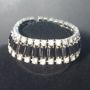 Vintage bracelet  black baguette shape faux gems with clear round rhinestones
